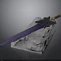 Purple Sword With Golden Hilt And Black Decorative Accents On White Stone