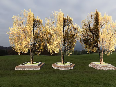 Golden Leaf Arbor Trees With Golden Foliage In Green Grass Field And Square Pedestals Under Gray Sky 3d model