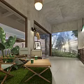 Modern Industrial Café Interior With Wooden Counter Green Plants And Pendant Lights