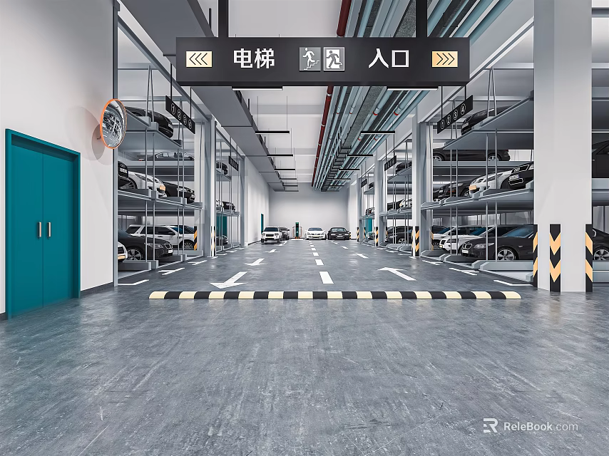 Multi Level Indoor Parking Garage With Elevator Entrance Parked Cars Green Door And Floor Markings 3d model 