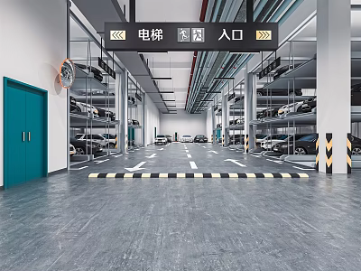 Multi Level Indoor Parking Garage With Elevator Entrance Parked Cars Green Door And Floor Markings 3d model