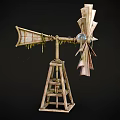 Rusted Windmill Equipment With Metal Blades Moss Growth And Wooden Stand
