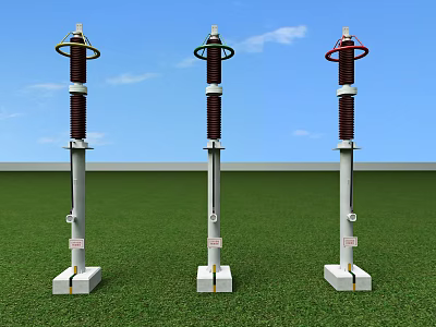 Three Industrial High Voltage Equipment Units With White Base Installed On Green Grass And Sky 3d model