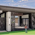 Modern Architectural Entrance Gate With Glass Facade Flat Roof And Green Lawn