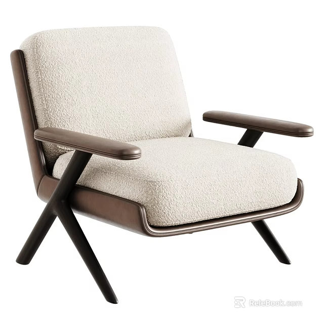 Modern Soft Boucle Upholstered Leisure Chair With Leather Armrests And Sturdy Solid Wood Base 3d model 
