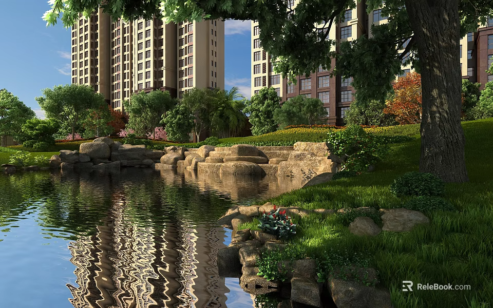Serene Residential Landscape With High Rise Buildings Pond Rocks Trees And Water Reflections 3d model 