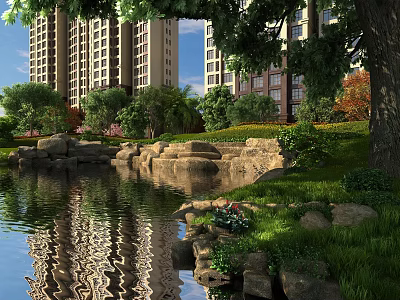Serene Residential Landscape With High Rise Buildings Pond Rocks Trees And Water Reflections 3d model