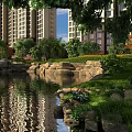 Serene Residential Landscape With High Rise Buildings Pond Rocks Trees And Water Reflections 3d model