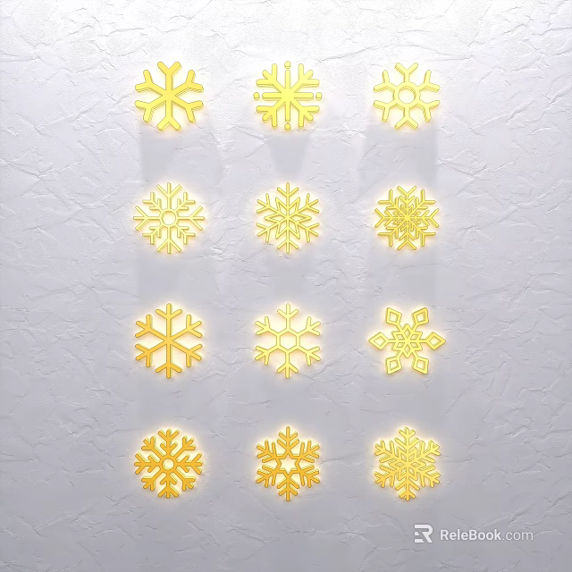 Golden Snowflake Sculptures With Various Intricate Designs On White Textured Background 3d model 