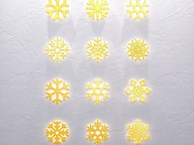 Golden Snowflake Sculptures With Various Intricate Designs On White Textured Background 3d model