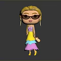 Woman With Blonde Hair Sunglasses Earrings And Colorful Layered Dress Holding Pizza