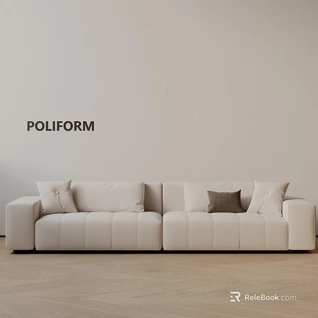 Light Beige Three Seater Sofa with Cushions by POLIFORM on Wooden Floor Against Neutral Wall 3d model 