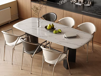 Modern Table and Chair Set with Marble Oval Top and White Gray Metal Chairs for Kitchen 3d model