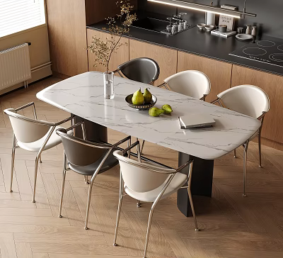 Modern Table and Chair Set with Marble Oval Top and White Gray Metal Chairs for Kitchen 3d model