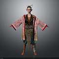 Woman In Traditional Outfit With Pink Red Sleeves Floral Patterns Waist Decoration Green Pants Barefoot