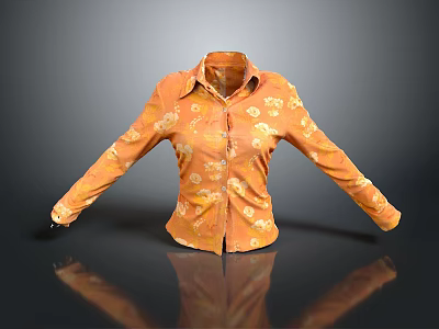 Orange Long Sleeve Shirt With White Floral Pattern And Classic Design 3d model