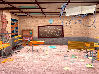 Cartoon Scene of Messy Classroom With Broken Walls Falling Ceiling Scattered Papers And Tilted Desks 3d model