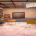 Cartoon Scene of Messy Classroom With Broken Walls Falling Ceiling Scattered Papers And Tilted Desks