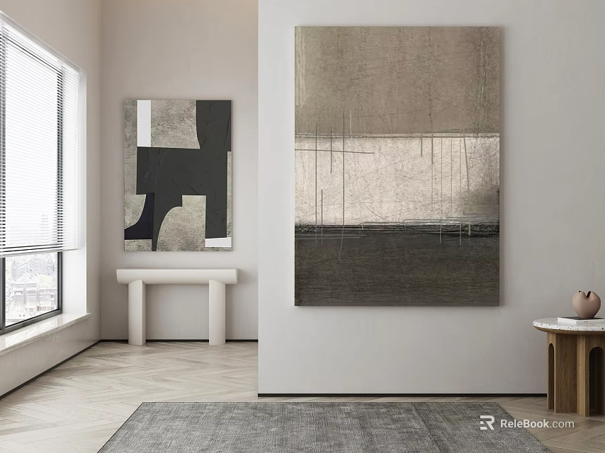 Modern Interior Decor With Abstract Paintings Bench Side Table Rug And Window 3d model