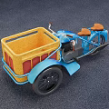 Vintage Blue Motorcycle With Yellow Wooden Sidecar And Brown Seats