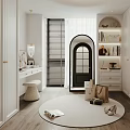 White Walk in Closet Interior With Wardrobes Dressing Table Round Rug Arched Door And Blinds