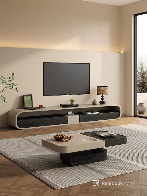 Modern TV Stand with Flat Screen TV Table Lamp Picture Frame in Living Room 3d model 