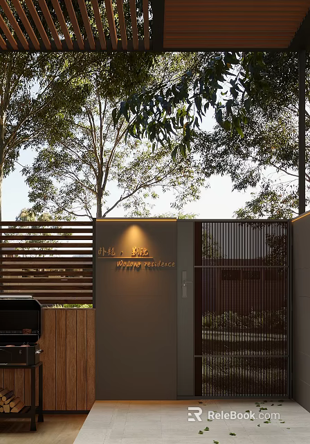 Modern Residence Entrance Gate Design With Wooden Slats And Green Trees 3d model 