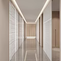 Hotel Corridor Interior Design With Wooden Accents Recessed Lighting Circular Decor And Plants At End