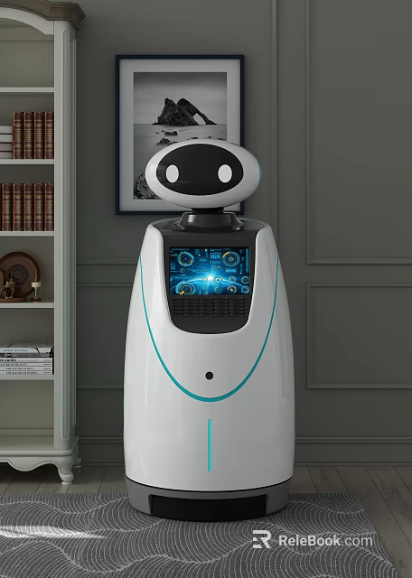 Intelligent Home Robot With White Body Blue Accents And Interactive Display Screen 3d model 