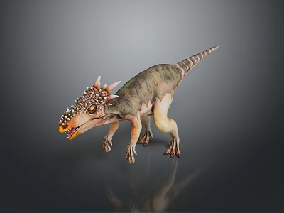 Detailed Dinosaur Model With Spiked Head And Colorful Skin On Gray Background With Reflective Surface 3d model