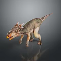 Detailed Dinosaur Model With Spiked Head And Colorful Skin On Gray Background With Reflective Surface