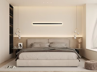 Modern Bedroom Interior With Upholstered Bed LED Strip Lighting And Pendant Lights 3d model