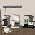 Modern Kitchen Countertop With White Green Coffee Machine Kettle Grinder And Wall Mounted Socket Strip