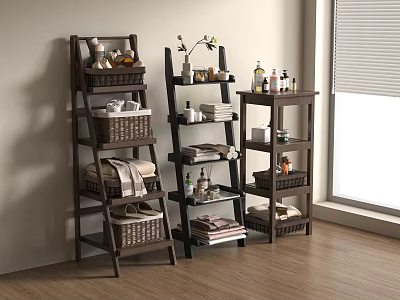 Modern Wooden Shelves for Home Storage with Baskets Towels Bottles and Plants 3d model