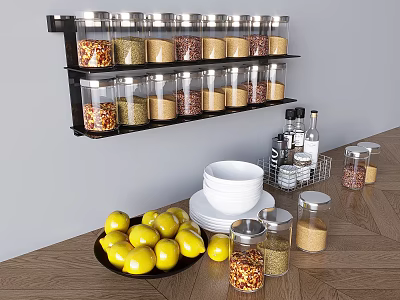 Kitchen Countertop and Wall Shelf with Organized Food Jars Grains Spices and Fresh Lemons 3d model