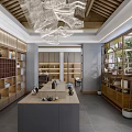 Elegant Modern Specialty Store Interior With Wooden Shelves White Artistic Chandeliers And Display Cabinets
