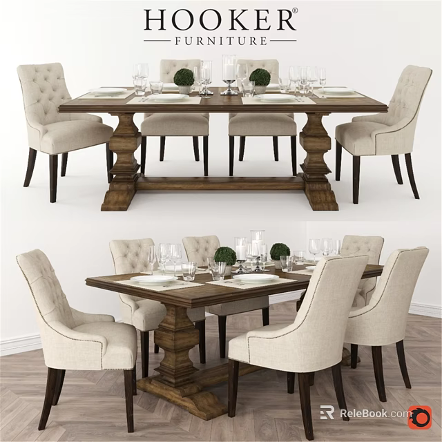 Elegant Wooden Dining Table And Upholstered Chairs With Green Plants And Wine Glasses 3d model 