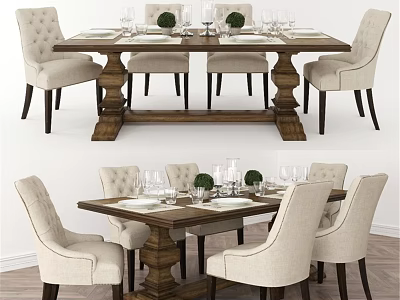 Elegant Wooden Dining Table And Upholstered Chairs With Green Plants And Wine Glasses 3d model