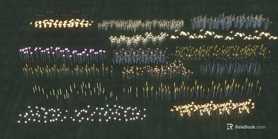 Illuminated Inflatable Decorations in Various Colors Arranged in Patterns on Grassland 3d model 