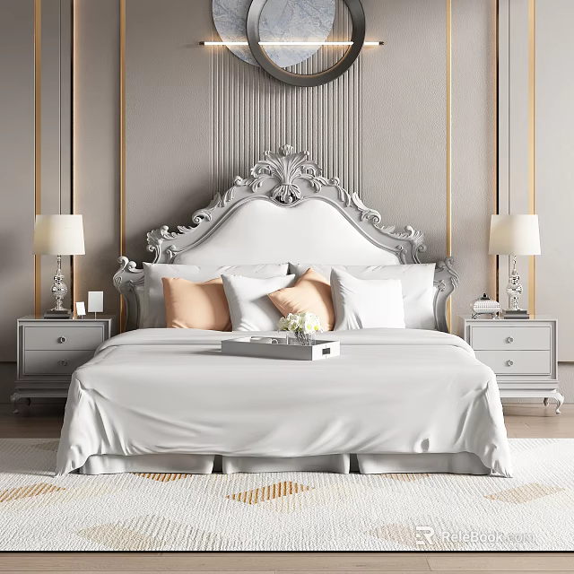 Luxurious Modern Bedroom Interior With Gray Walls Gold Accents Ornate Headboard And White Bedding 3d model 