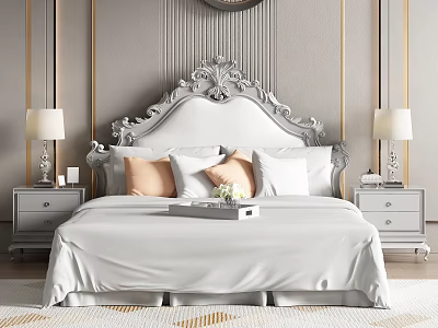 Luxurious Modern Bedroom Interior With Gray Walls Gold Accents Ornate Headboard And White Bedding 3d model