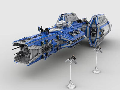 Detailed Building Blocks Spaceship Model In Blue Gray With Miniature Stands 3d model