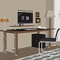 Modern Wooden Desk and Chair Set with Monitor Lamp Plant and Office Accessories