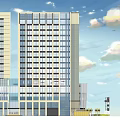Modern Twin Tower Hotel Building With Glass Curtain Wall And Commercial Base