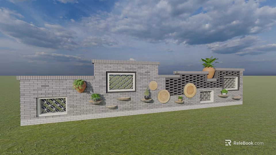 Grey Brick Garden Feature Wall With Windows Circular Decorations And Potted Plants 3d model