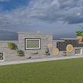 Grey Brick Garden Feature Wall With Windows Circular Decorations And Potted Plants 3d model
