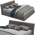 Modern Double Bed With Gray Upholstered Frame Patterned Pillows And Blue Throw Blanket 3d model