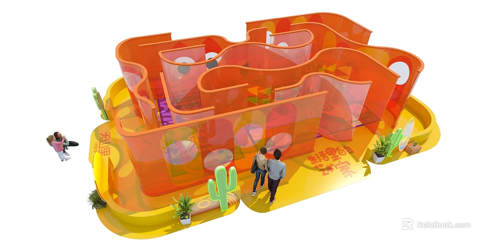 Fun Kids Playground With Orange Maze Transparent Structure Cactus Decorations And Yellow Floor 3d model 