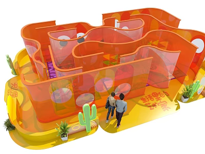 Fun Kids Playground With Orange Maze Transparent Structure Cactus Decorations And Yellow Floor 3d model