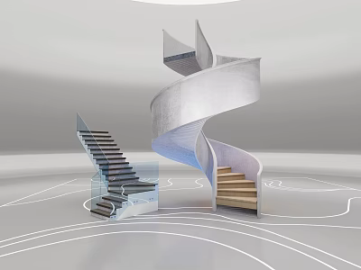 Two Modern Spiral Staircases In White Space With Dark Glass Railing And Light Wooden Steps 3d model